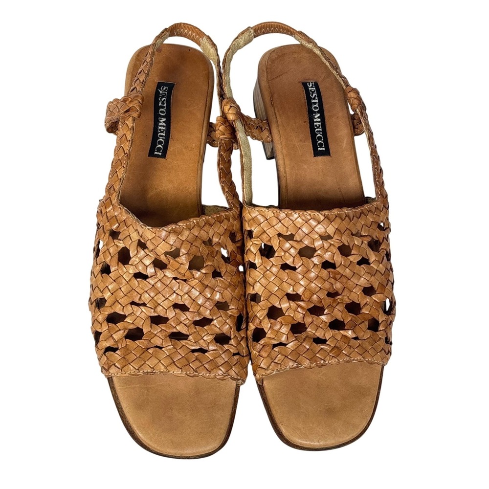 Sesto Meucci Sandals Brown Woven Leather Slingback Boho Chic Women 9.5 N